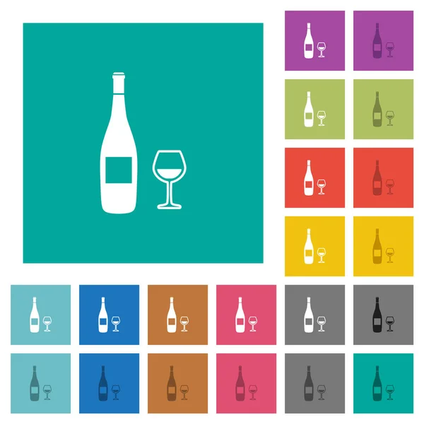 Anggur botol dan gelas persegi datar multi berwarna ikon - Stok Vektor