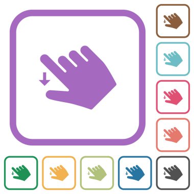 Sağ el aşağı hareket basit simgeler beyaz arkaplan üzerinde renkli yuvarlak kare çerçeveler