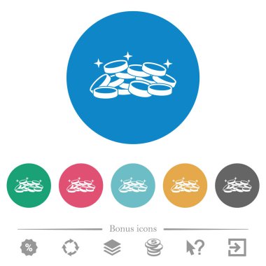 Yuvarlak renkli arka planda düz beyaz hazine simgeleri. 6 bonus simgesi dahil.