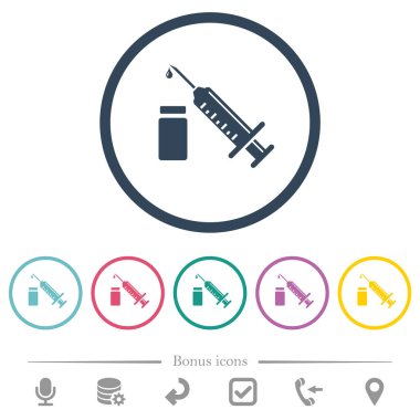 Yuvarlak hatlı ampul düz renk simgeleriyle bir şırınga. 6 bonus simgesi dahil.