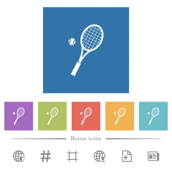 Tennisschläger Mit Ball Flachen Weißen Symbolen Quadratischen Hintergründen Bonussymbole Enthalten — Stockvektor