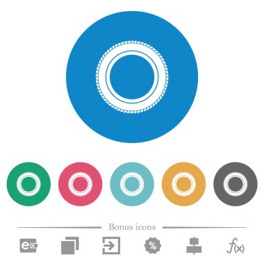 Yuvarlak renkli arka planda düz beyaz araba lastiği simgeleri. 6 bonus simgesi dahil.