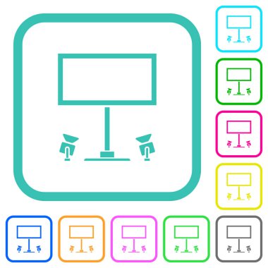 Beyaz arkaplan üzerinde eğimli sınırlarda yansıtıcıları olan canlı renkli düz simgeler