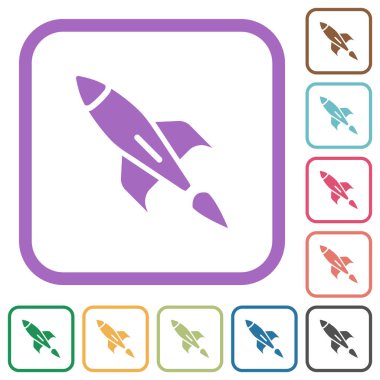 Beyaz arkaplanda renkli yuvarlak kare çerçeveli basit roket simgeleri