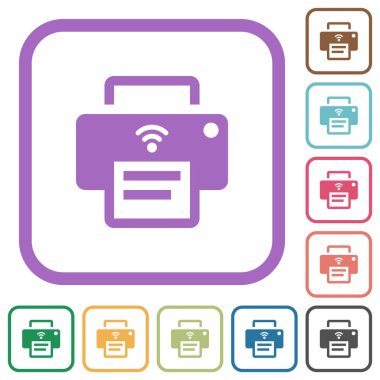 Kablosuz yazıcı, beyaz arkaplanda renkli yuvarlak kare çerçeveler halinde basit simgeler