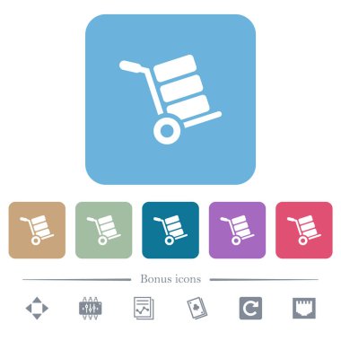 Renkli yuvarlak kare arka planda beyaz simgelerle dolu el arabası. 6 bonus simgesi dahil