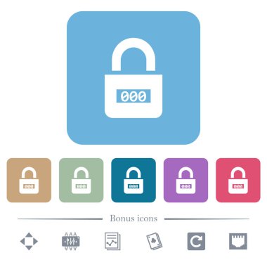 Renkli yuvarlak kare arkaplan üzerinde beyaz yassı simgelerle kilitli kombinasyon kilidi. 6 bonus simgesi dahil