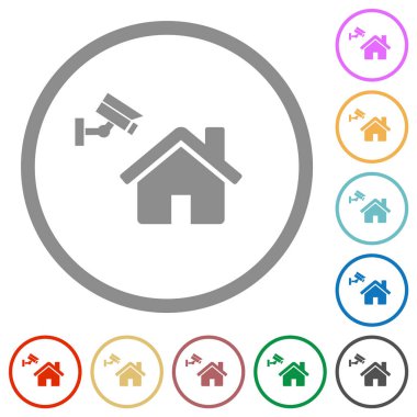 Beyaz arkaplanda yuvarlak hatlı ev güvenliği düz renk simgeleri