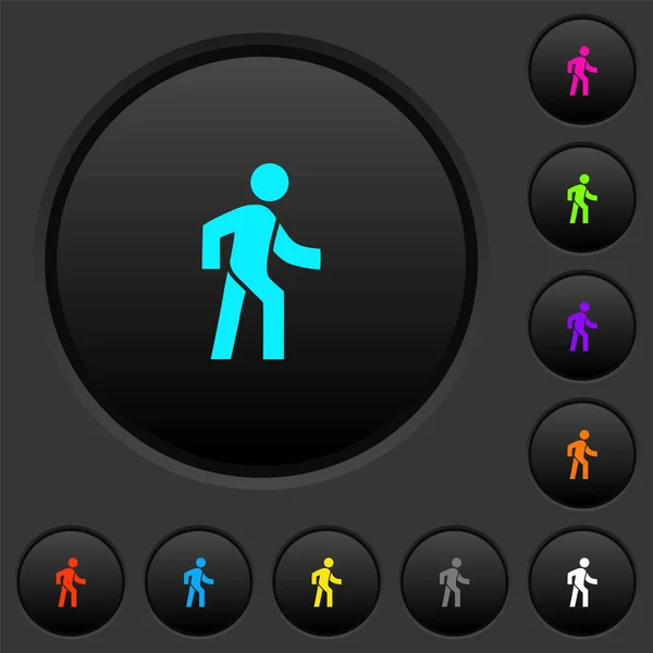 Hombre Caminando Derecho Botones Oscuros Con Iconos Color Vivos Sobre — Vector de stock