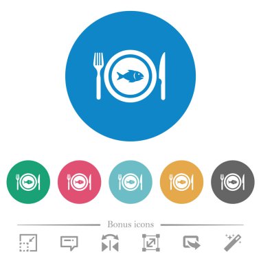 Düz beyaz simgeler ve yuvarlak renkli arka planlar için balıklar. 6 bonus simgesi dahil.