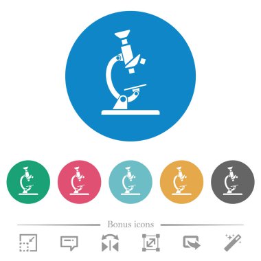 Mikroskop düz beyaz simgeler, yuvarlak renkli arkaplanlar. 6 bonus simgesi dahil.