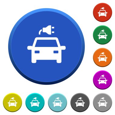 Düz yüzeyli ve düz beyaz simgeli konektörlü, yuvarlak renkli, eğimli düğmeli elektrikli araba