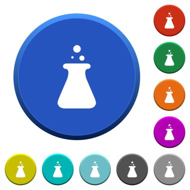 Düz yüzeyleri ve düz beyaz simgeleri olan labaratuvar yuvarlak renkli eğimli düğmeler