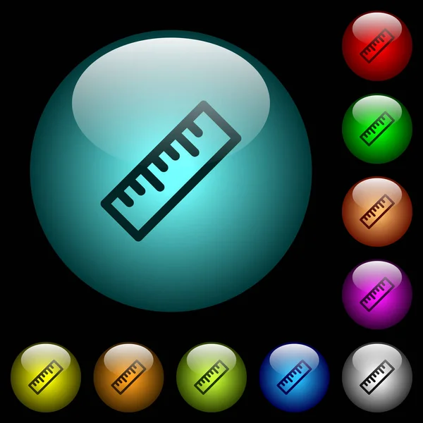 色彩艳丽的统治者图标点亮了黑色背景上的球形玻璃按钮 可用于黑色或深色模板 — 图库矢量图片