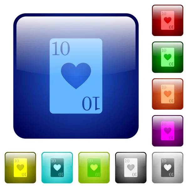 Zehn Herz Karten Symbole Abgerundeter Quadratischer Farbe Hochglanz Knopf Set — Stockvektor