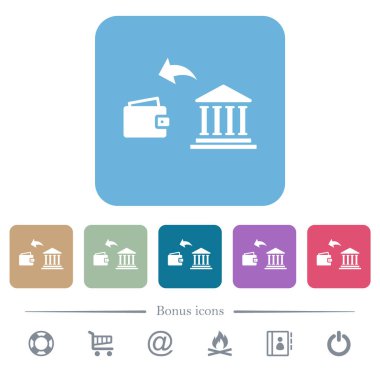 Renkli yuvarlak kare arka planlarda beyaz bankadan para çekilmesi. 6 bonus simgesi dahil