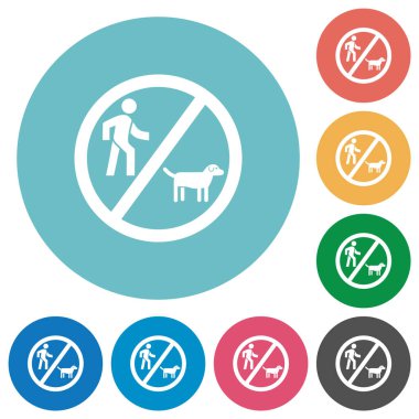 Yuvarlak arkaplan üzerinde düz beyaz simgeler yürüten köpek yok