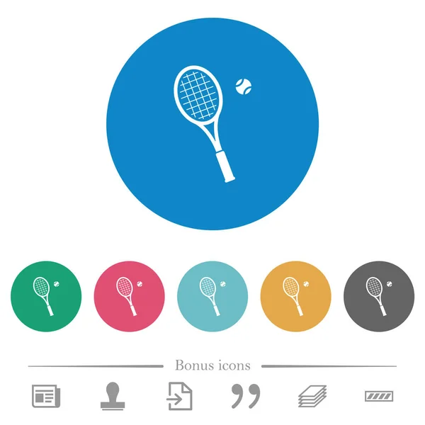 Raqueta Tenis Con Pelota Iconos Blancos Planos Sobre Fondos Redondos — Vector de stock