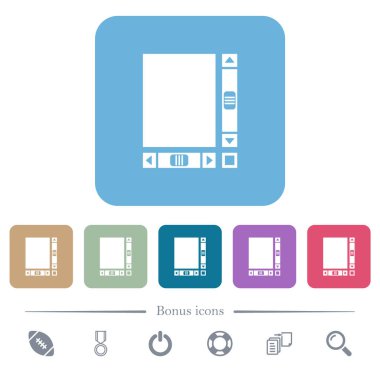 Renkli yuvarlak kare arkaplan üzerine beyaz düz simgeli kaydırma çubukları olan boş belge. 6 bonus simgesi dahil