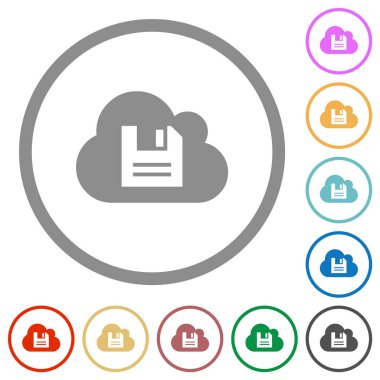 Beyaz arkaplanda yuvarlak hatlarda düz renk simgelerini bulut depolama