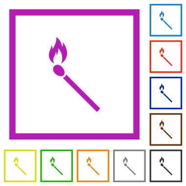 Beyaz arkaplanda kare çerçevelerde kibrit çöpü düz renk simgeleri