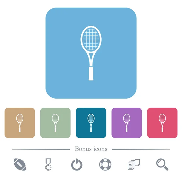 Raqueta Tenis Individual Iconos Planos Blancos Sobre Fondos Cuadrados Redondeados — Vector de stock