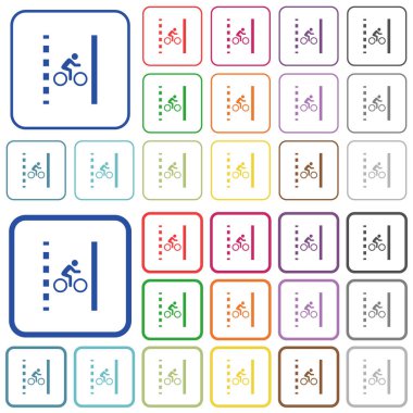 Yuvarlak kare çerçeveli bisiklet şeridi renkli düz simgeler. İnce ve kalın versiyonlar dahil.