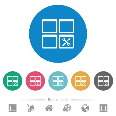 Gösterge paneli araçları yuvarlak renkli arka planda düz beyaz simgeler. 6 bonus simgesi dahil.