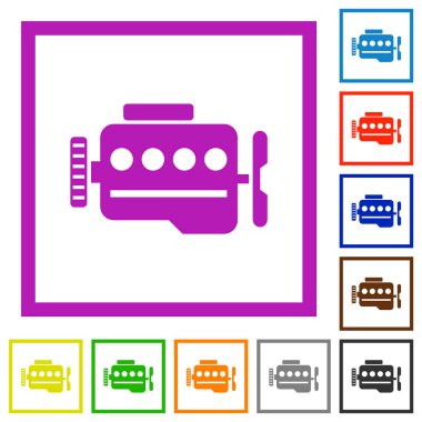 Beyaz arkaplanda kare çerçevelerde motor sembolü düz renk simgeleri