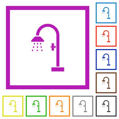 Düz renk simgelerini beyaz arkaplanda kare çerçevelerde duş al