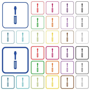 Yuvarlak kare çerçevelerde tek bir tornavida renkli düz simgeler. İnce ve kalın versiyonlar dahil.