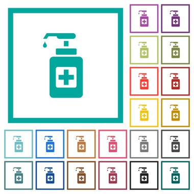 Beyaz arkaplanda çeyrek çerçeveli el dezenfektanı düz renk simgeleri