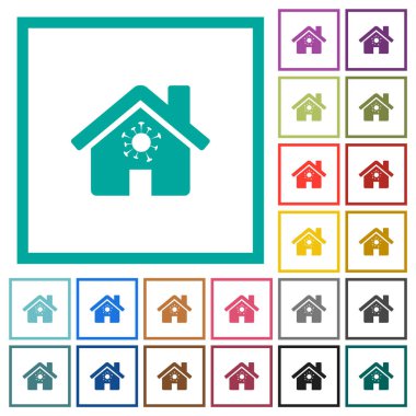 Beyaz arkaplanda çeyrek çerçeveli ev karantinası düz renk simgeleri