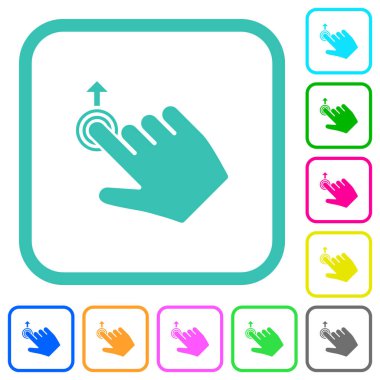 Sağ el, beyaz arkaplan üzerinde eğimli sınırlarda canlı renkli düz simgeler yukarı kaydırır