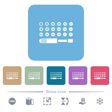 Tornavida kümesi beyaz düz simgeleri yuvarlak kare arkaplan renginde parçalar. 6 bonus simgesi dahil