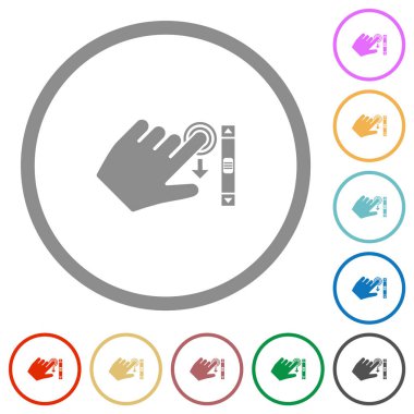 Sol elle aşağı kaydırma jest düz renk simgeleri beyaz arkaplan üzerinde yuvarlak ana hatlar