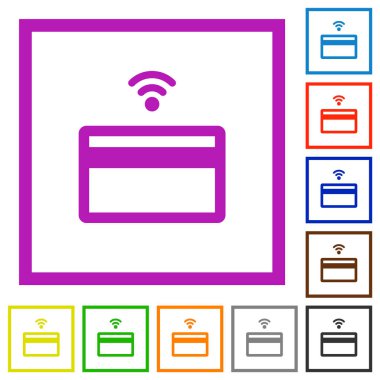 Temassız kredi kartı düz renk simgeleri beyaz arkaplanda kare çerçeveler