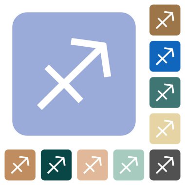 Yay burcu burcu sembolü. Renkli yuvarlak kare arkaplanlar üzerine beyaz düz simgeler.