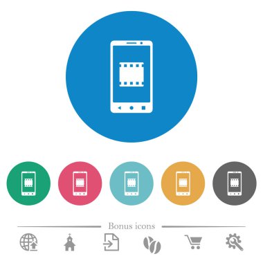 Mobil video düz beyaz simgeler yuvarlak renkli arkaplanlar. 6 bonus simgesi dahil.