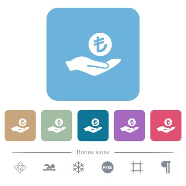 Türk Lirası renkli yuvarlak kare arka planlarda beyaz düz simgeler kazanıyor. 6 bonus simgesi dahil