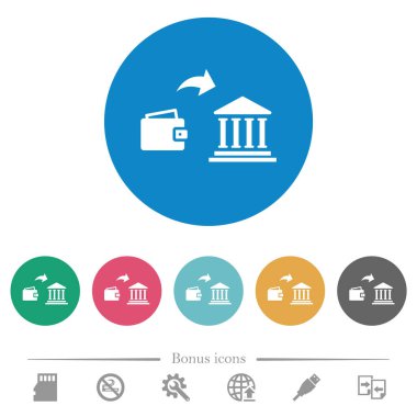 Bankanın düz beyaz simgelerine yatırılan para yuvarlak renkli arka planlar. 6 bonus simgesi dahil.