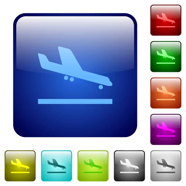 Ikony Lądowania Samolotu Zaokrąglonym Kwadratowym Kolorze Błyszczącego Zestawu Przycisków — Wektor stockowy
