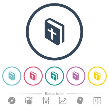 Kutsal İncil düz renkli simgeler yuvarlak hatlarda. 6 bonus simgesi dahil.