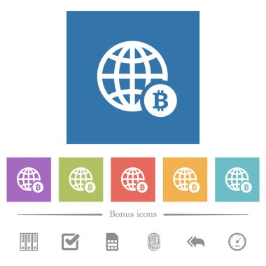 Çevrimiçi Bitcoin ödeme düz beyaz simgeler kare arka planda. 6 bonus simgesi dahil.