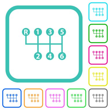 Beyaz arkaplanda eğimli sınırlarda altı hız manuel vites kayması canlı renkli düz simgeler