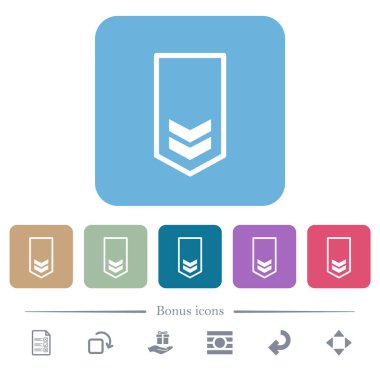 Renkli, yuvarlak kare arkaplan üzerinde iki beyaz simge bulunan askeri amblemler. 6 bonus simgesi dahil