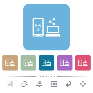 Renkli yuvarlak kare arka planlarda mobil internet beyaz düz simgeleri paylaşın. 6 bonus simgesi dahil