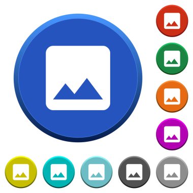 Pürüzsüz yüzeyleri ve düz beyaz simgeleri olan tek resim yuvarlak renkli eğimli düğmeler