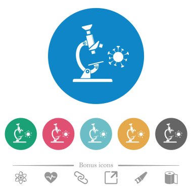 Mikroskop ve virüsün beyaz simgeleri yuvarlak renklerde. 6 bonus simgesi dahil.
