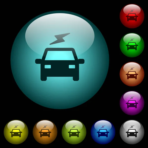 Elektrické Auto Blikajícími Ikonami Barvě Osvětlené Kulové Skleněné Knoflíky Černém — Stockový vektor